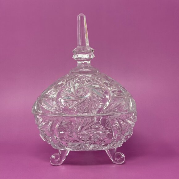 Vintage Pedestal Heavy Thick Crystal Glass Candy Dish w/ Lid Tall Spire Handle, - Picture 3 of 7